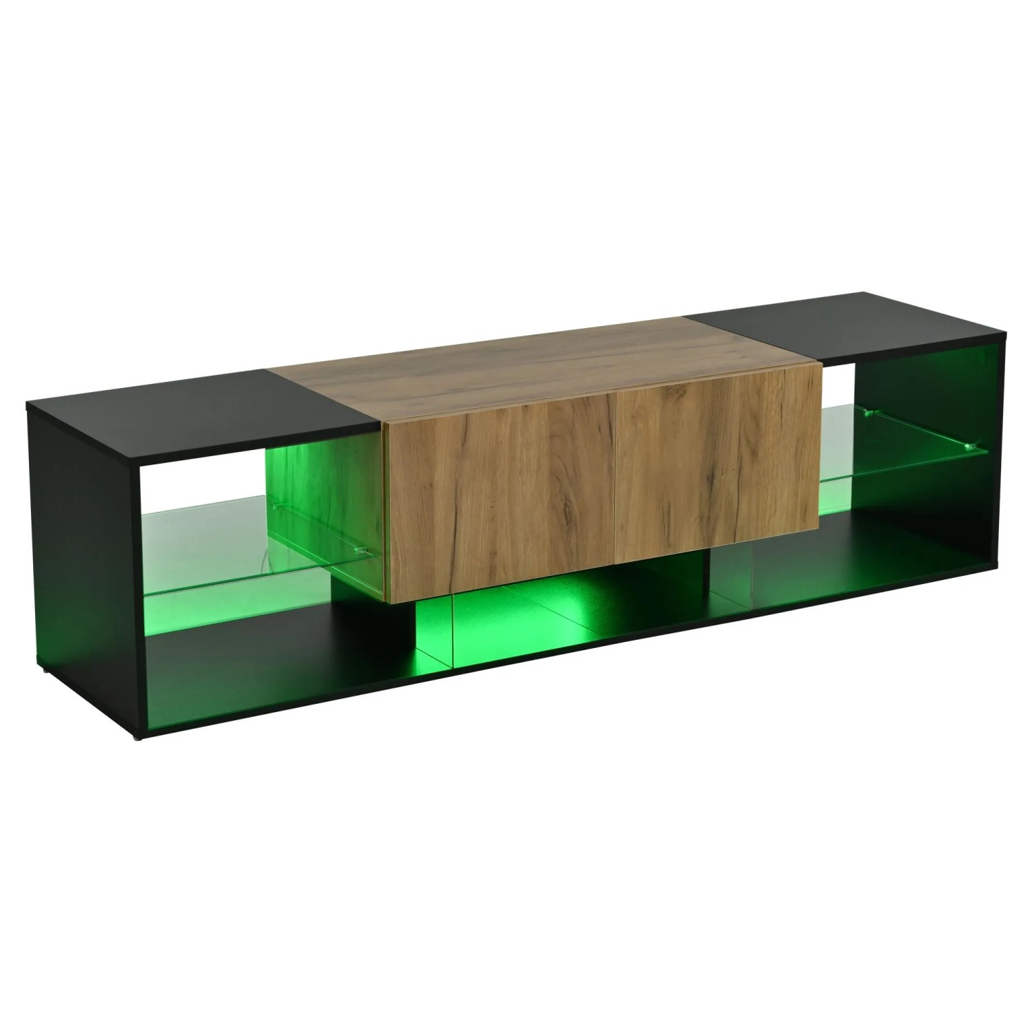 ModernLuxe TV Lowboard 3 Ebenen mit Glasablage 2 Schubladen Spanplatte Schwarz Natur