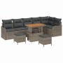 Graues 9-teiliges vidaXL Garten-Sofa-Set aus Poly Rattan mit höhenverstellbarem Tisch und Hockern.
