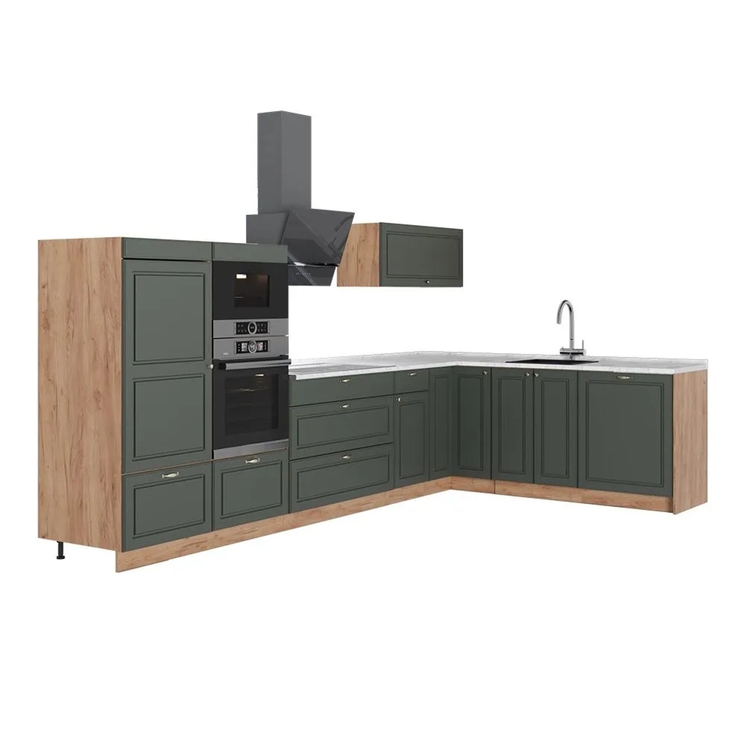Vicco Eckküche Fame-Line Grün-Gold Landhaus/Goldkraft Eiche 347 x 154 AP Marmor Art Nr 63607