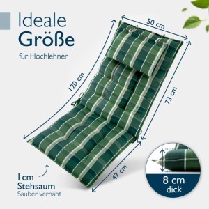 Grün-karierte Beautissu Hochlehner Auflage 120x50x8cm mit Kopfpolster und Maßen für Gartenstuhl. Hoher Sitzkomfort.