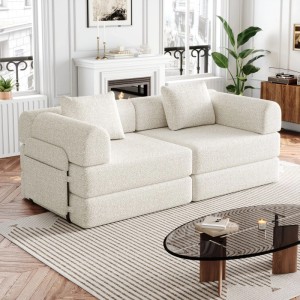 Beiges Chenille Schlafsofa 2-Sitzer mit Bettfunktion und Stauraum-Armlehne in modernem Wohnzimmer.
