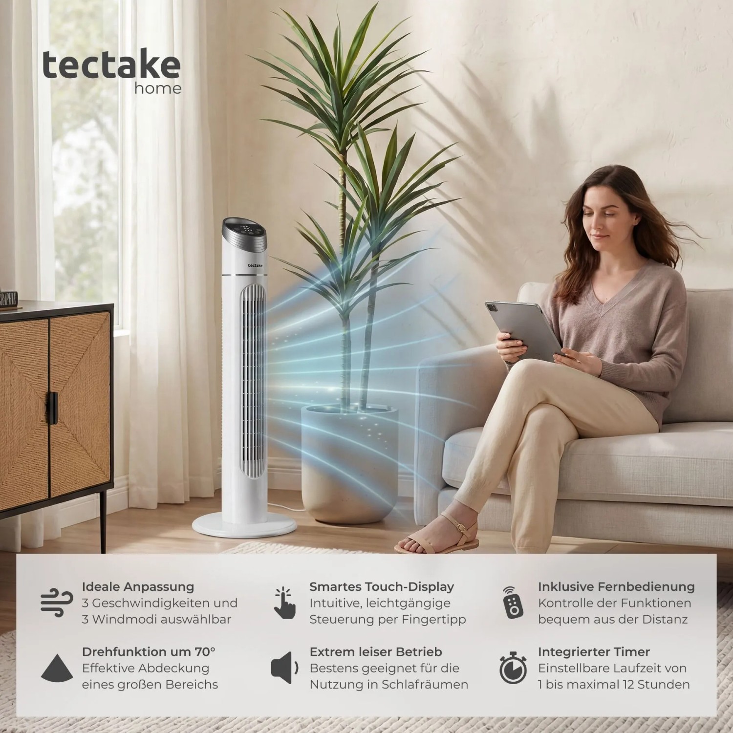 Tectake Turmventilator  Oszillierend 3 Modi und 3 Geschwindigkeitsstufen  31 x 31 x 90 cm Weiß_2