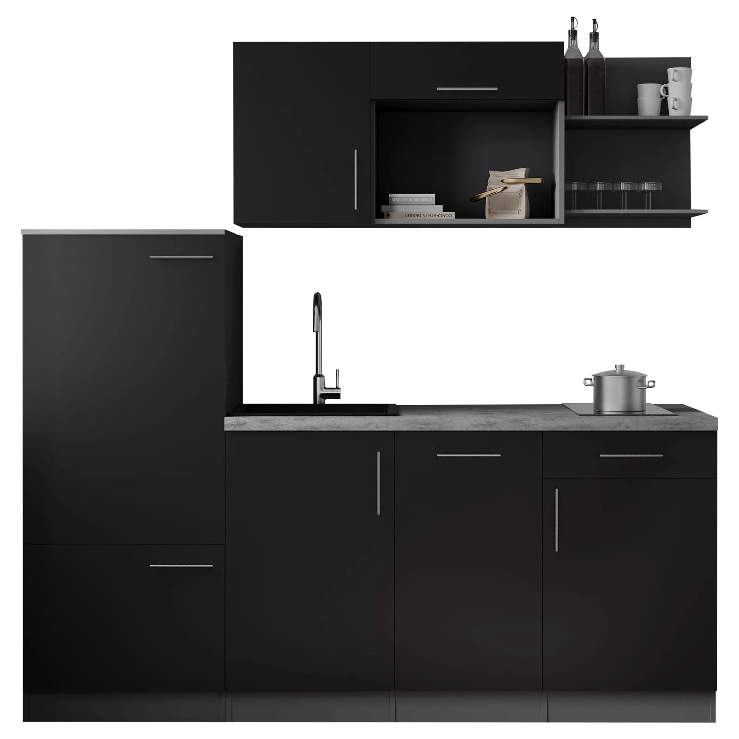 Respekta Singleküche Oliver 205 cm H 200 cm Schwarz Seidenglanz ohne Mikrowelle