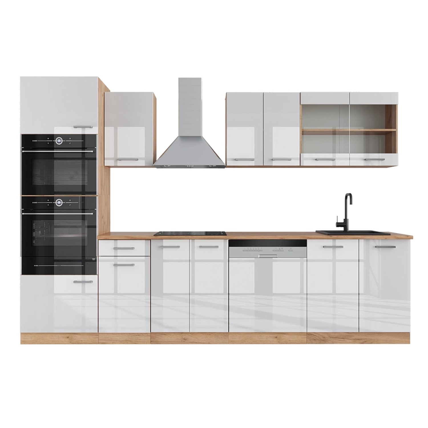 Vicco R-Line Küchenzeile Weiß Hochglanz/Goldkraft Eiche 300 cm mit Hochschr günstig online kaufen