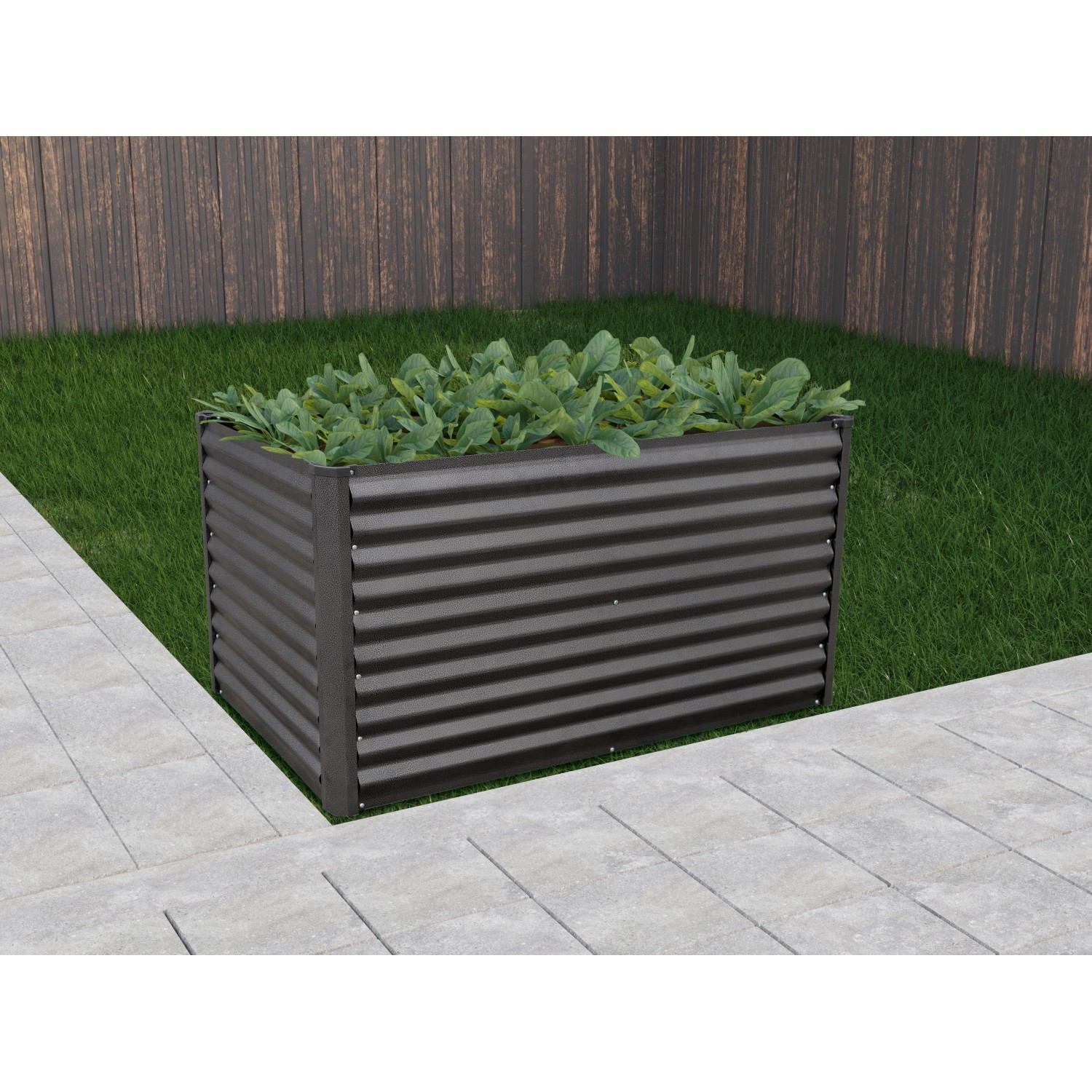 Anthrazitfarbenes Metall-Hochbeet (126x70x70cm) mit Bepflanzung im Garten.