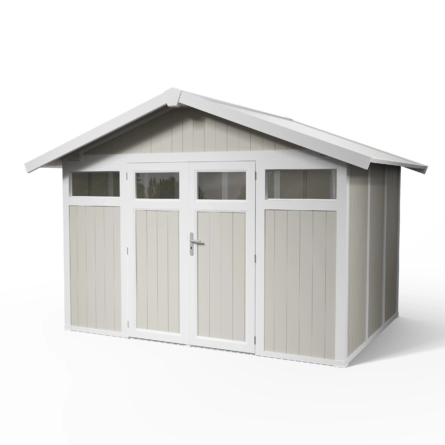 Grosfillex Kunststoff-Gartenhaus Utility7,5 in Graugrün, 7,5 m² mit Doppeltür und Satteldach.