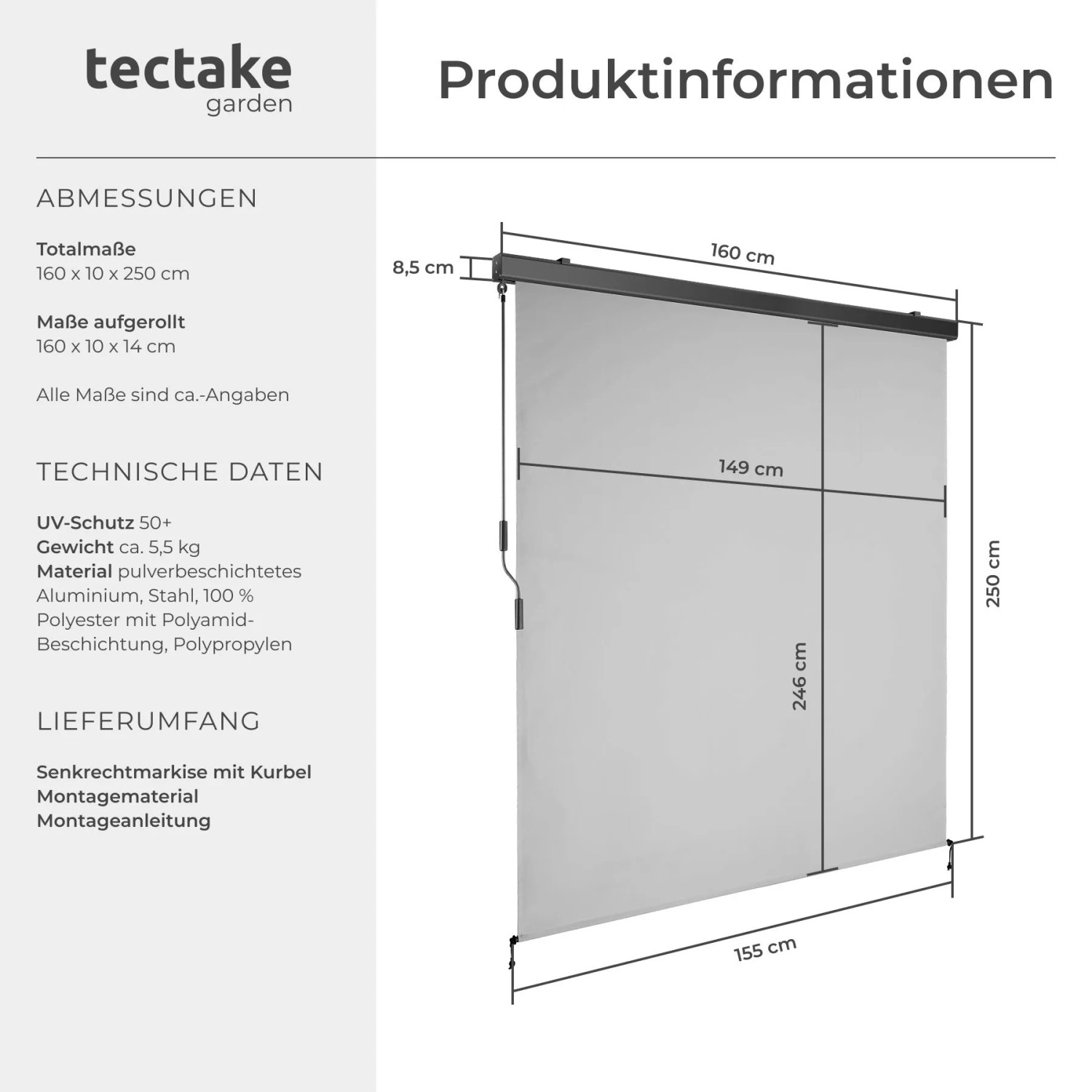 Technische Zeichnung der Tectake Senkrechtmarkise Eloise 160x250 cm in Hellgrau mit Maßen, UV-Schutz 50+ und Kurbelantrieb.