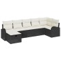 Schwarzes 7-teiliges vidaXL Garten-Sofa-Set aus Poly Rattan mit cremefarbenen Kissen.
