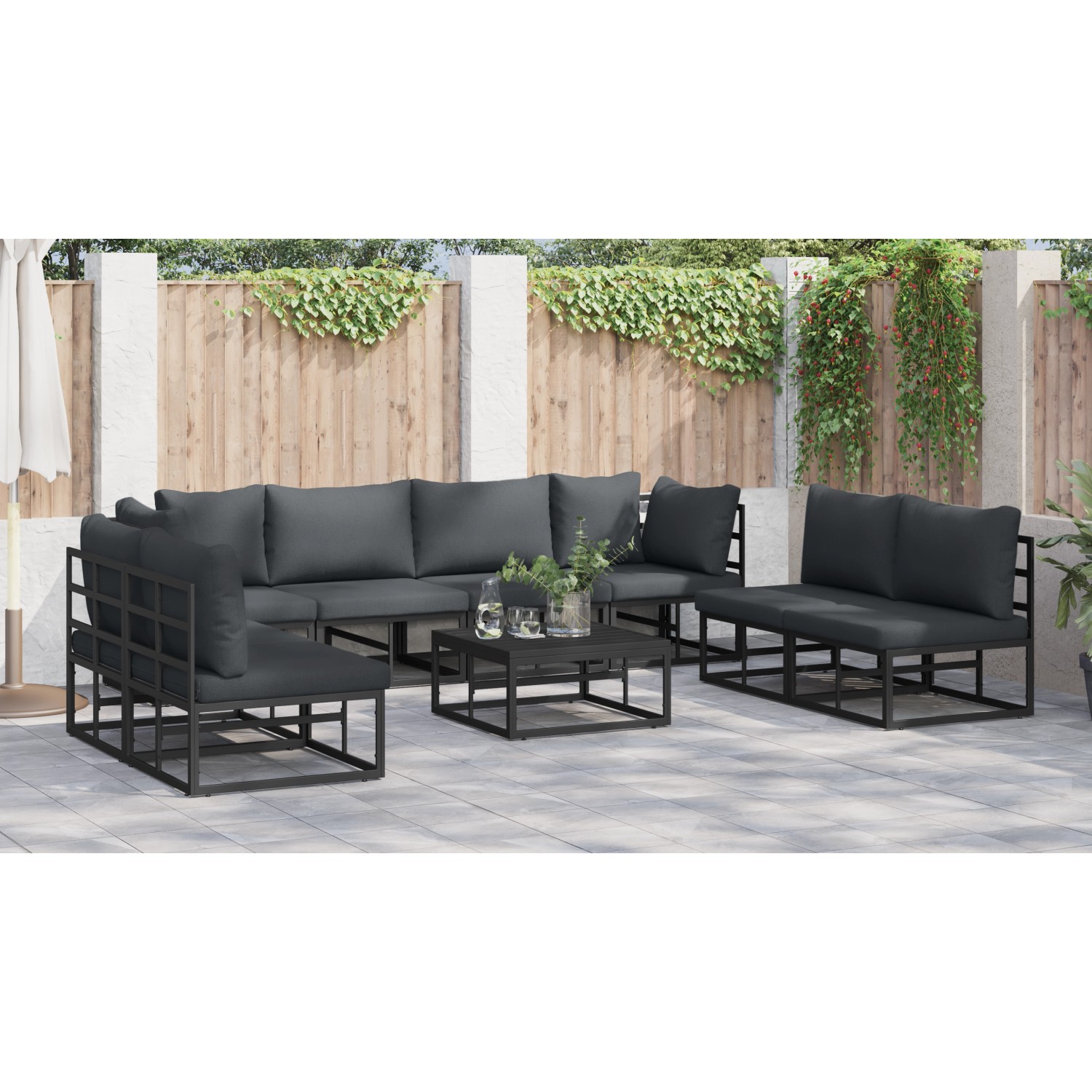 vidaXL Garten-Sofa-Set, 8-teilig, schwarz, mit Aluminiumrahmen und grauen Kissen.