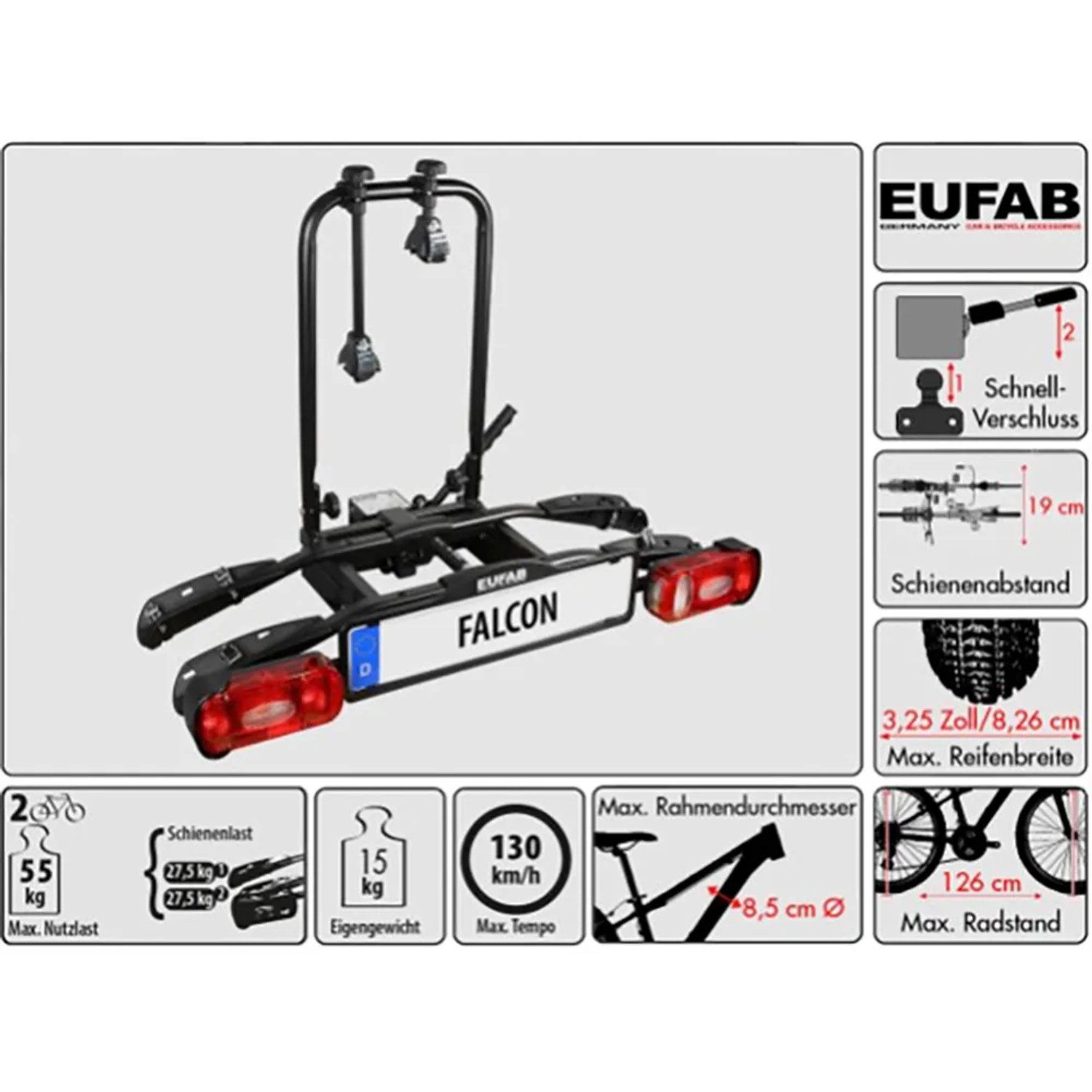 Eufab Falcon Fahrrad-Kupplungsträger für 2 Fahrräder, mit Schnellverschluss und Abklappmechanismus.