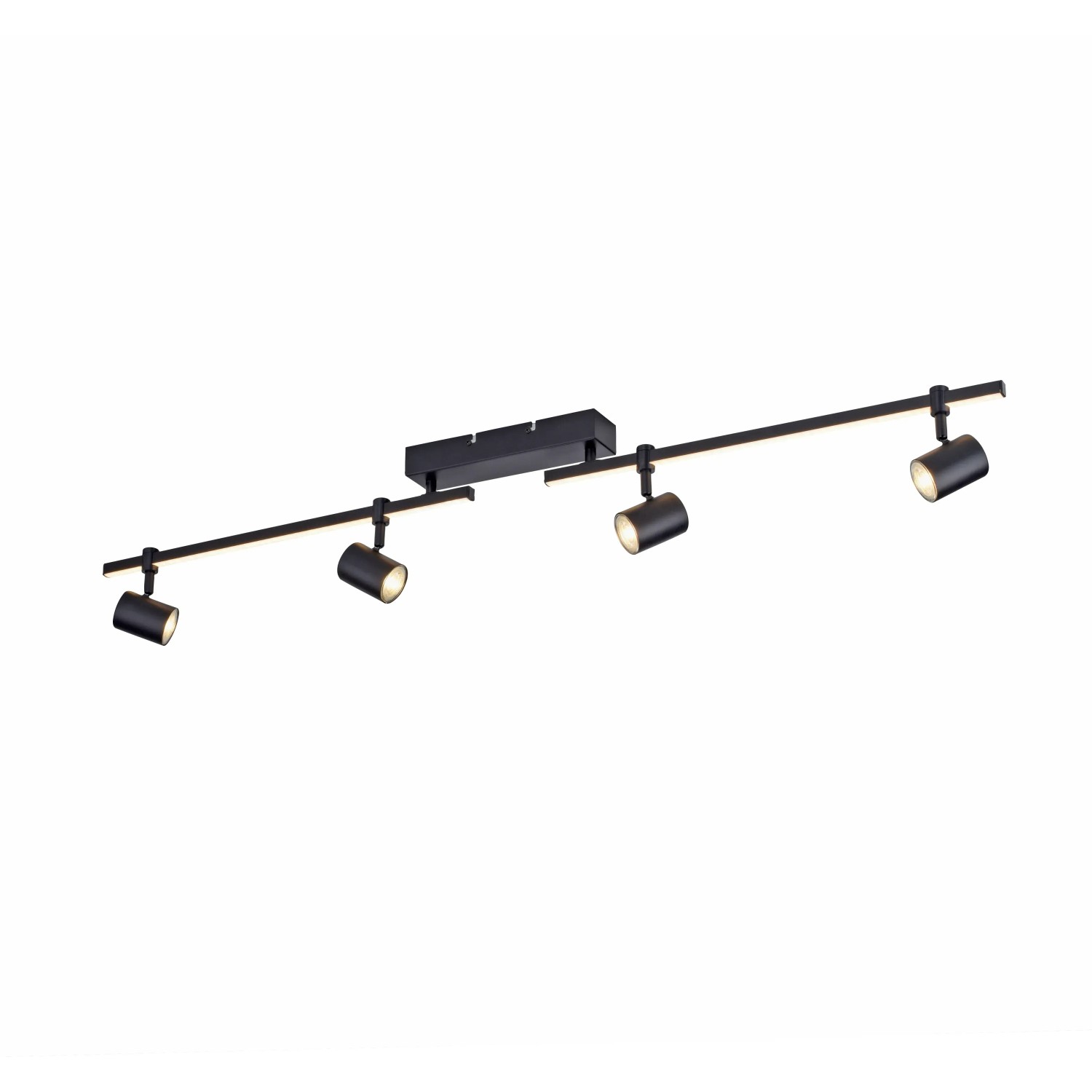 Schwarze Paul Neuhaus LED-Deckenleuchte Barik mit 4 schwenkbaren Spots und LED-Leiste.