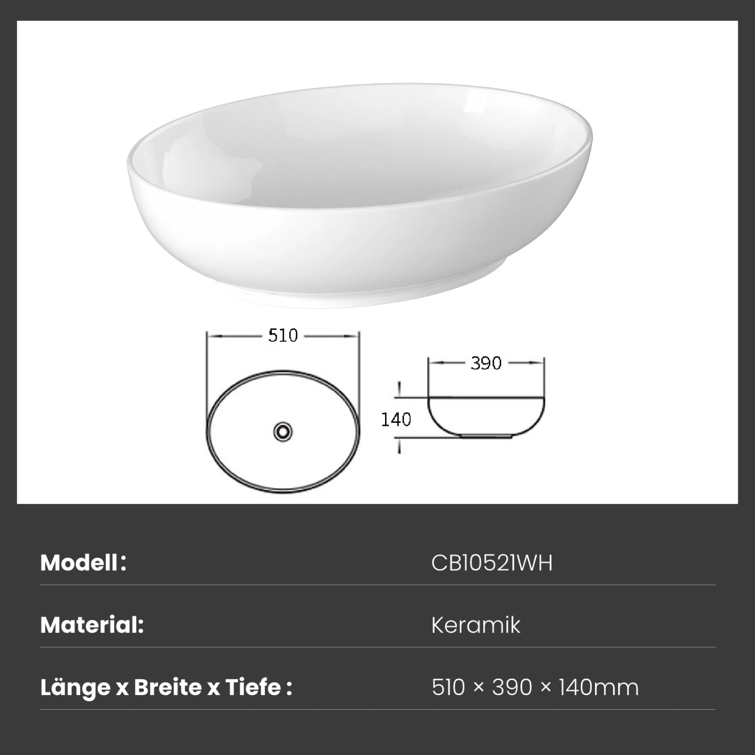 Ovales, glänzend weißes Emke Handwaschbecken aus Keramik, 52x40x13cm. Waschbecken für Bad oder Gäste-WC.