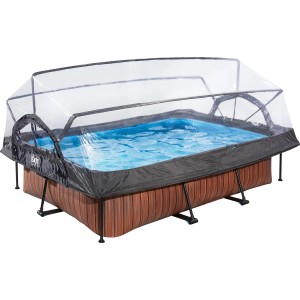 Rechteckiger EXIT Wood Pool in Braun mit Abdeckung und Filterpumpe, 220x150x65 cm.