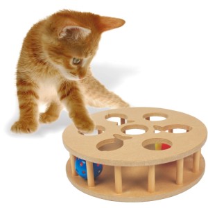 Katze spielt mit rundem Intelligenzspielzeug aus Holz mit Jingle-Bällen.
