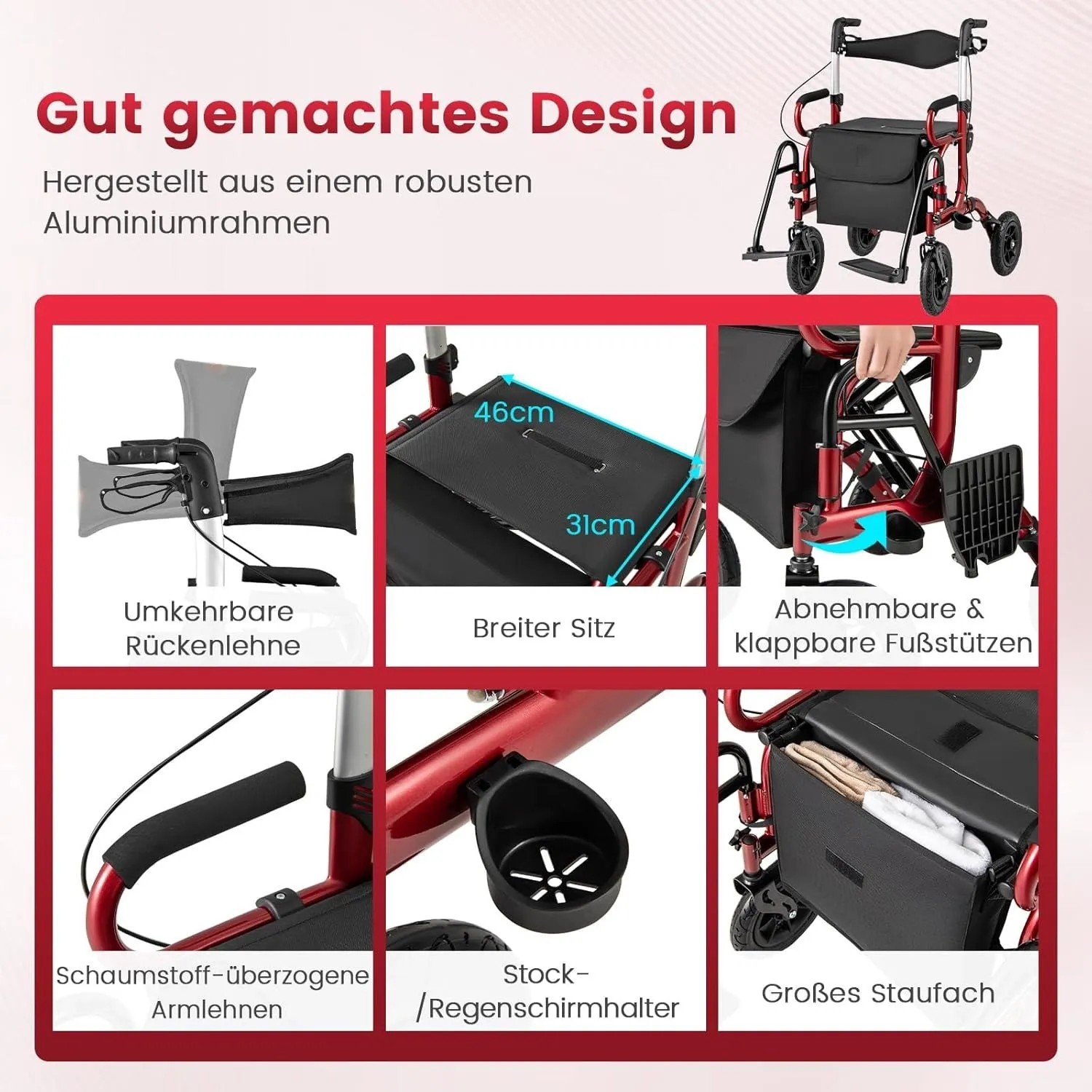 Roter Costway 2-in-1 Rollator/Rollstuhl mit Aluminiumrahmen, umkehrbarer Rückenlehne, breitem Sitz und Fußstützen.