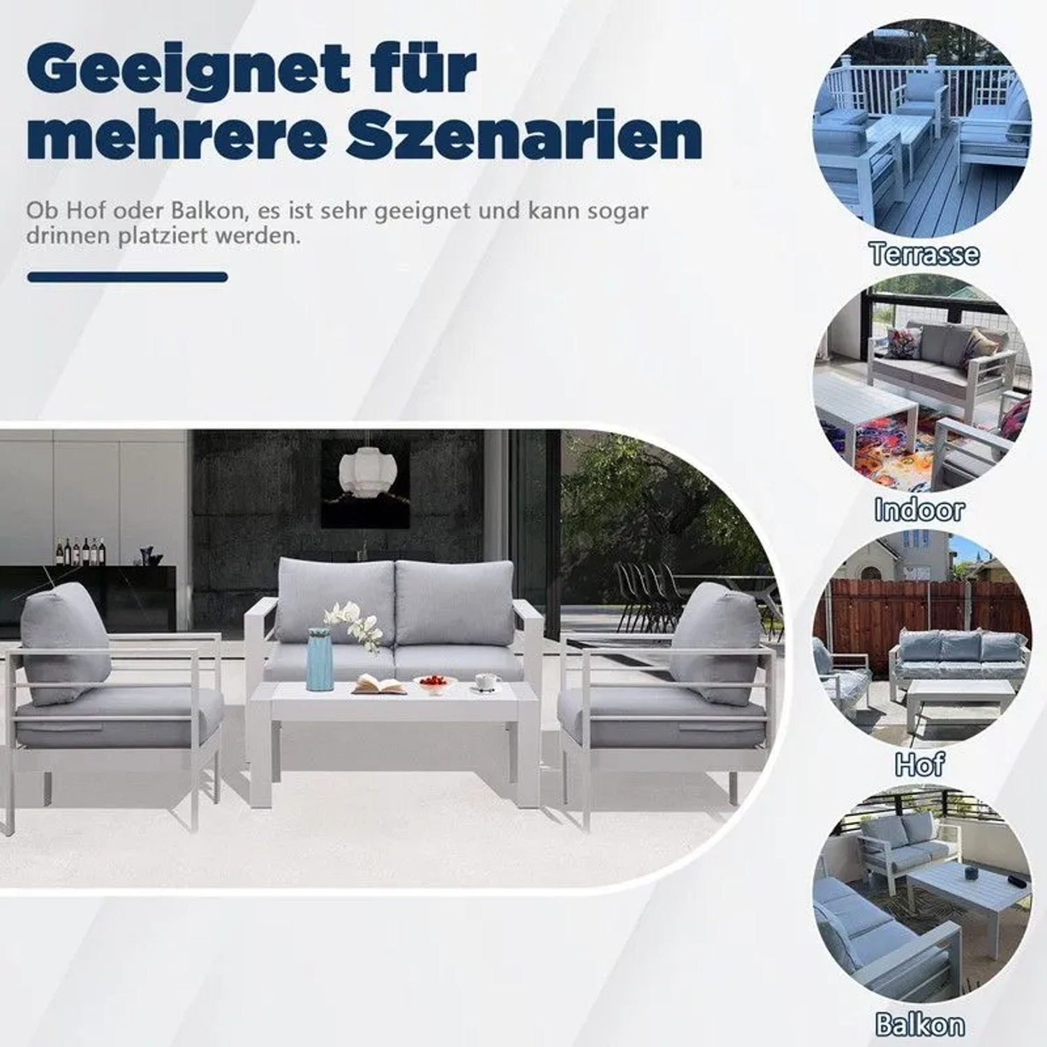 MeXo Gartenmöbel Set aus Aluminium Loungeset für 4 Personen Weiß_6