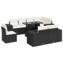 Schwarze 9-tlg. vidaXL Garten-Sofagarnitur mit Kissen und Tisch mit Glasplatte.