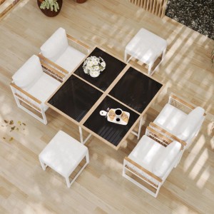 7-tlg. Garten-Essgruppe mit quadratischem Tisch, schwarzer Glasplatte, 4 Stühlen und 2 Hockern auf heller Terrasse.