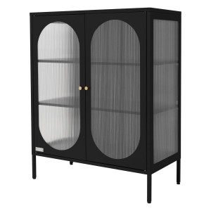 Schwarzer ML-Design Vitrinenschrank aus Stahl mit 3 Ebenen und rosegoldenen Griffen.