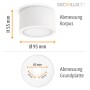 Weißer SSC-LUXon LED Aufbaustrahler CELI-X Smart mit RGB CCT GX53 Lampe und Maßangaben.