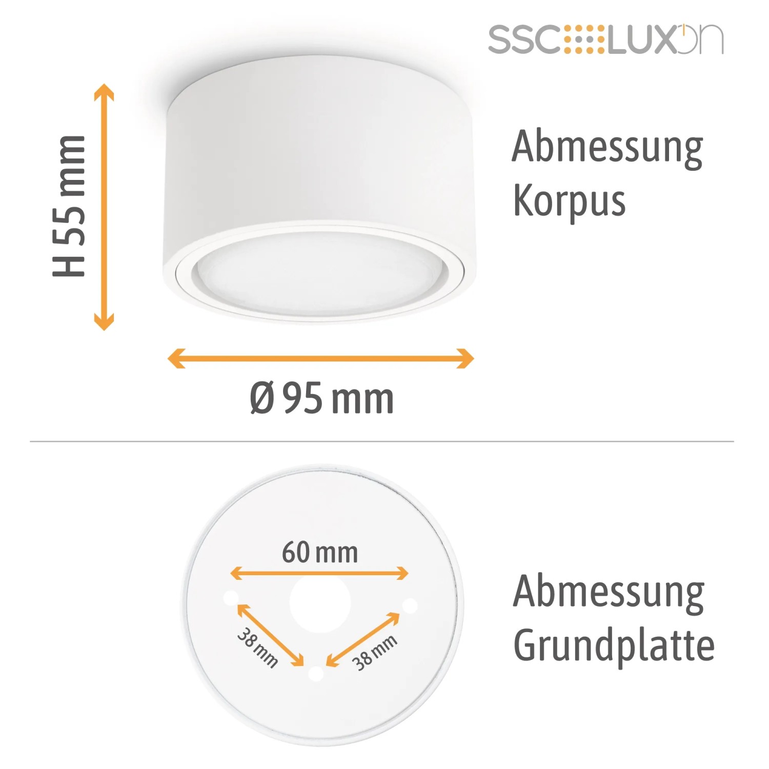 Weißer SSC-LUXon LED Aufbaustrahler CELI-X Smart mit RGB CCT GX53 Lampe und Maßangaben.