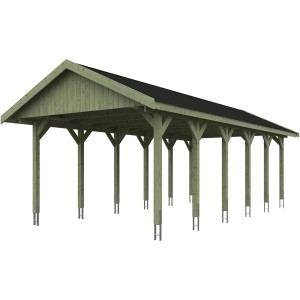 Satteldach-Carport Wallgau mit schwarzen Schindeln, Holzkonstruktion mit 12 Pfosten.