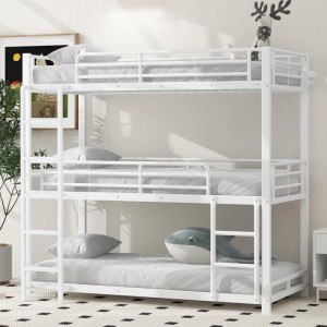 Weißes okwish Etagenbett aus Metall, 90x200 cm, ohne Matratze. Dreifachbett für Kinder- oder Jugendzimmer.
