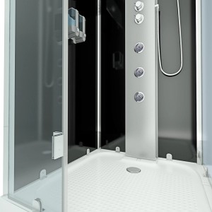 AquaVapore Komplettdusche 100x100 cm mit schwarzer Rückwand und Duschpaneel.