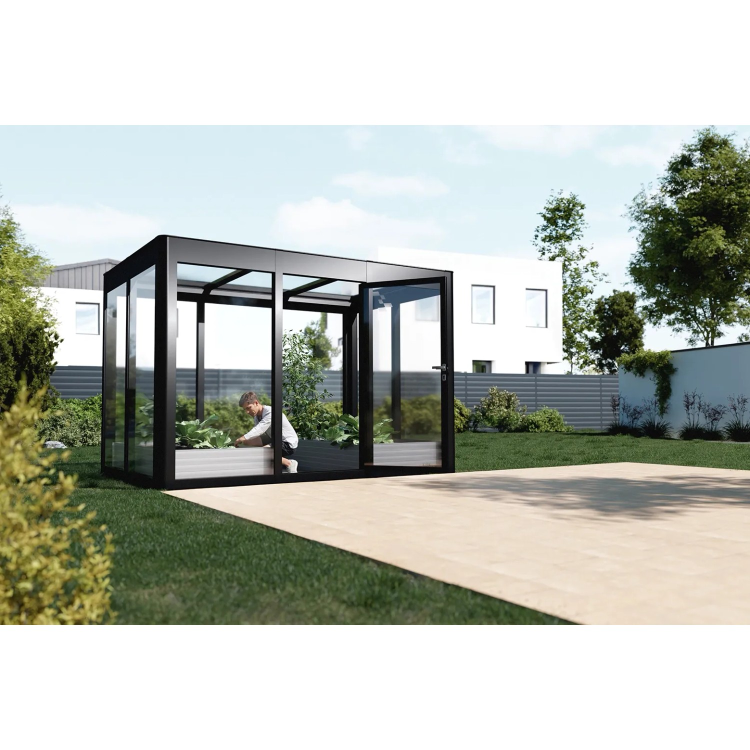 SunElements Gartenhaus SunGarden Infinity 3.2, anthrazit-metallic, mit Person im Inneren.
