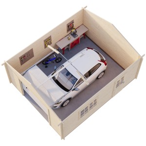 Palmako Holzgarage Roger mit Sektionaltor, naturbelassen, mit Auto, Werkbank und Fahrrad im Innenraum.