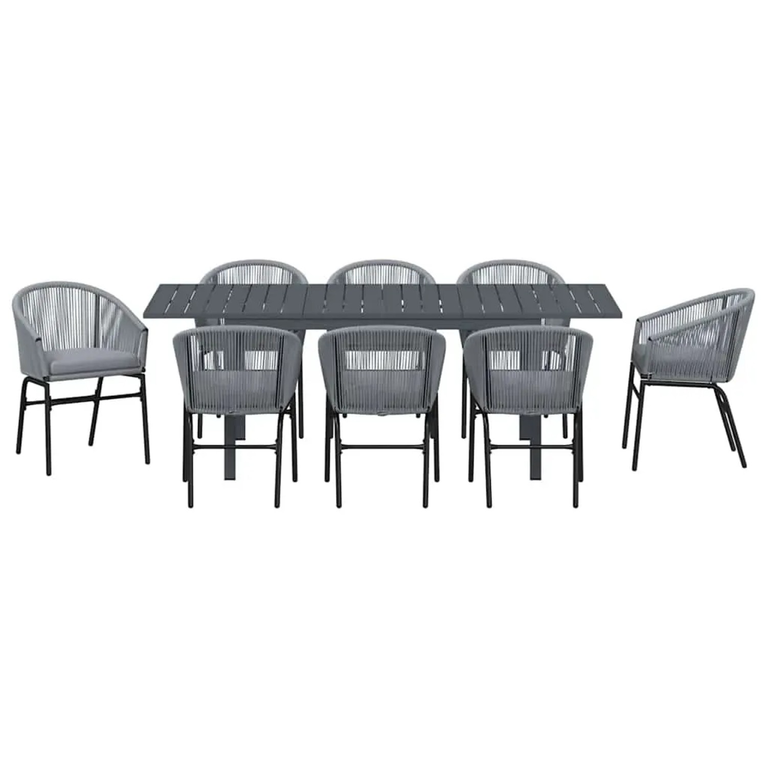 Graue 9-teilige vidaXL Garten Essgruppe aus Poly Rattan mit ausziehbarem Tisch.