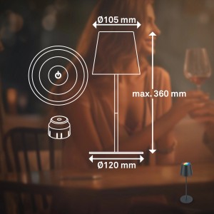 Skizze der Brilo LED Akku Tischleuchte 3 in 1 Anthrazit mit Maßangaben, ideal für den Außenbereich.