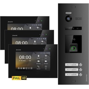Balter EVO-HD Video-Türsprechanlage mit Fingerprint für 3-Familienhaus, Monitore und Türstation in Schwarz.