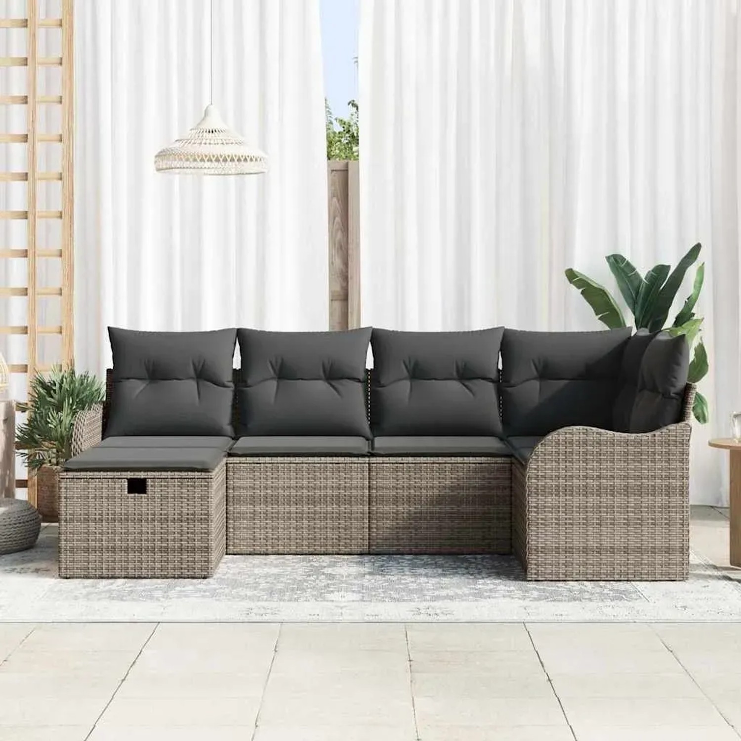 Graues 6-tlg. vidaXL Garten-Sofa-Set aus Poly Rattan mit Kissen und Stauraum.