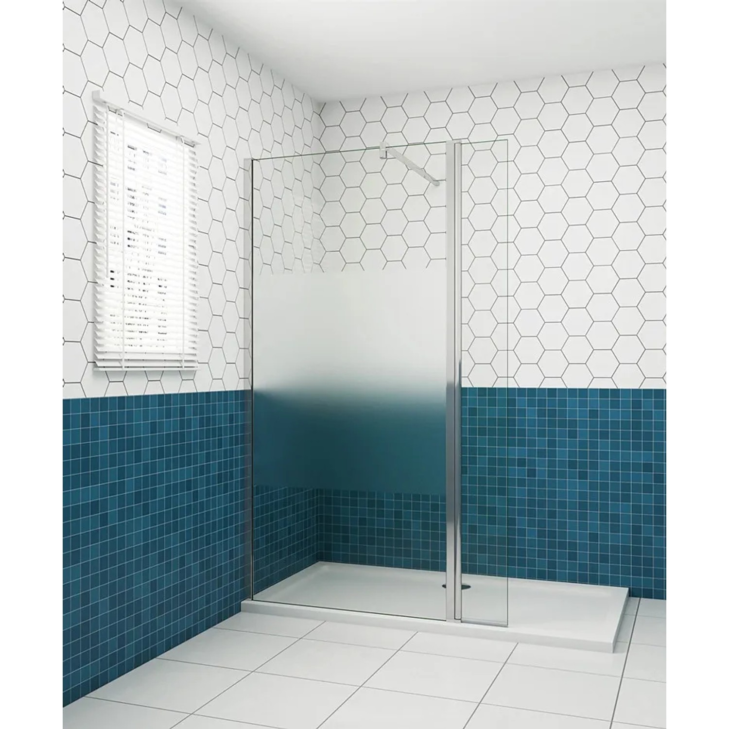 Duschparadies Walk-In Dusche 110x200cm mit satiniertem Glas, Streifen & 30cm Flipper. Verchromte Duschwand im Bad.