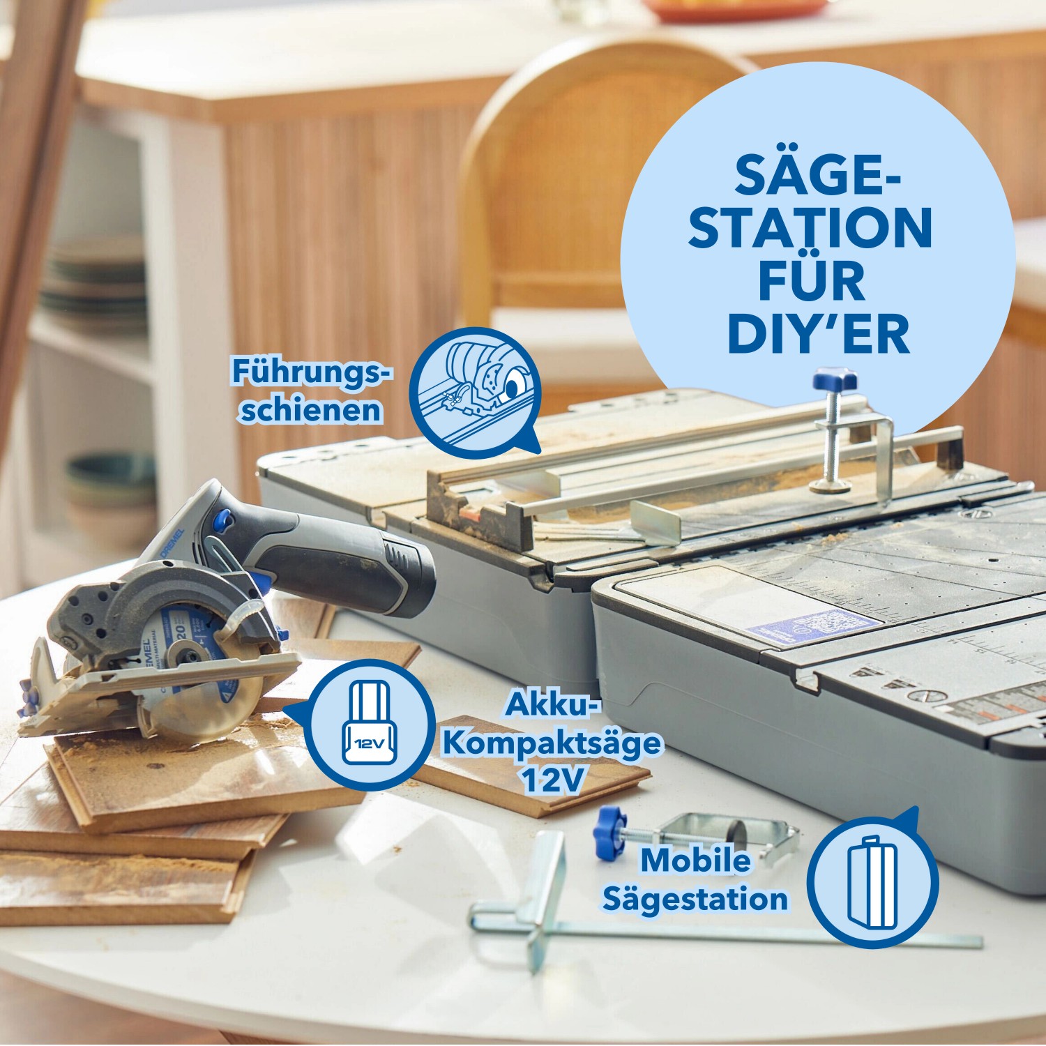 Dremel CS12V-S1C Mobile Sägestation mit Kreissäge, Sägetisch und Zubehör.