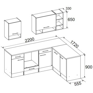 Skizze der Respekta Winkelküche in Weiß/Wildeiche Optik, Maße 220x172cm.