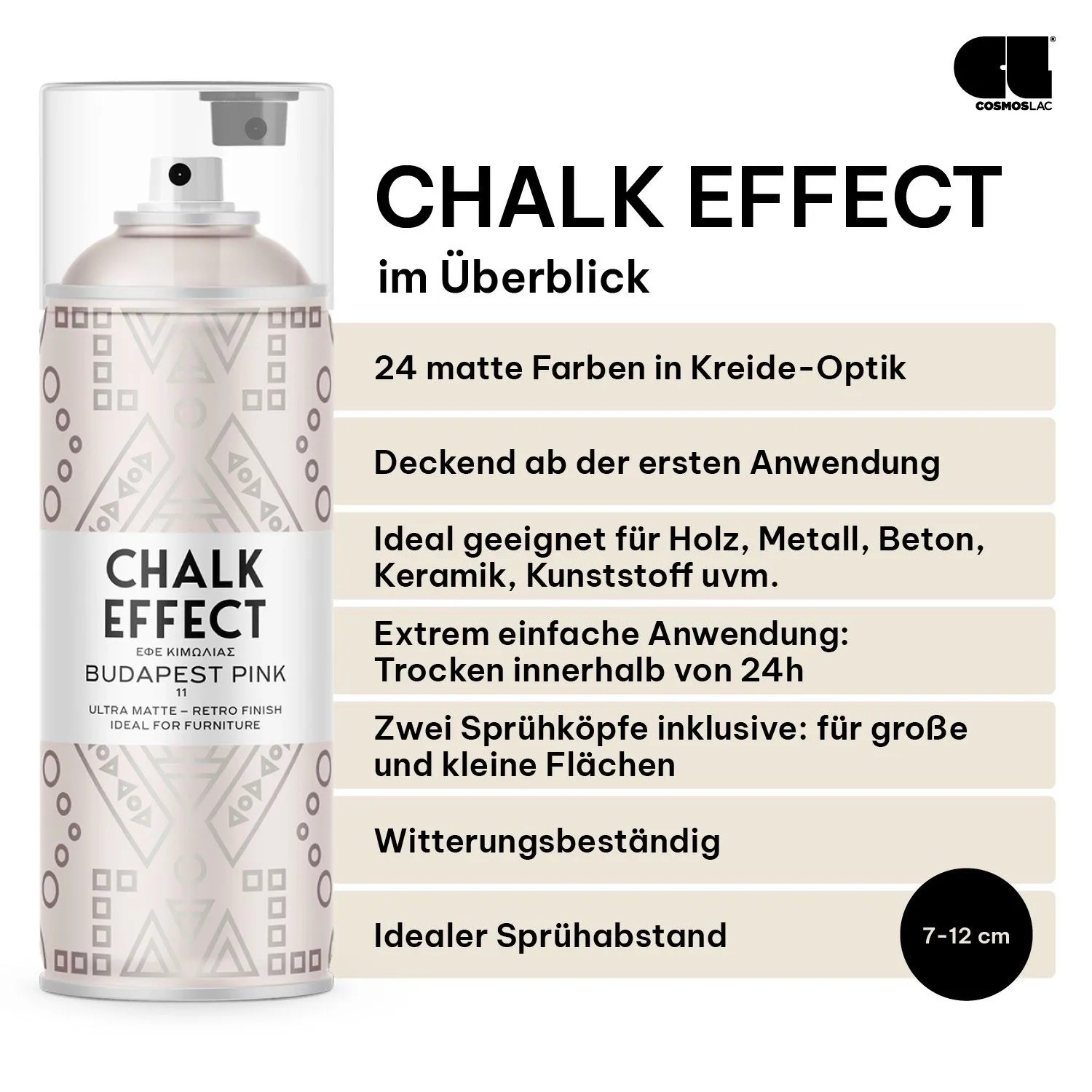 COSMOS LAC Kreidefarbe Spray Chalk Effect Budapest Rosa. Matte Sprühfarbe für Möbel & Deko, witterungsbeständig.
