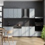 Vicco Fame-Line Küchenzeile in Hellblau-Grau/Anthrazit mit Hochschrank und Marmor Arbeitsplatte.