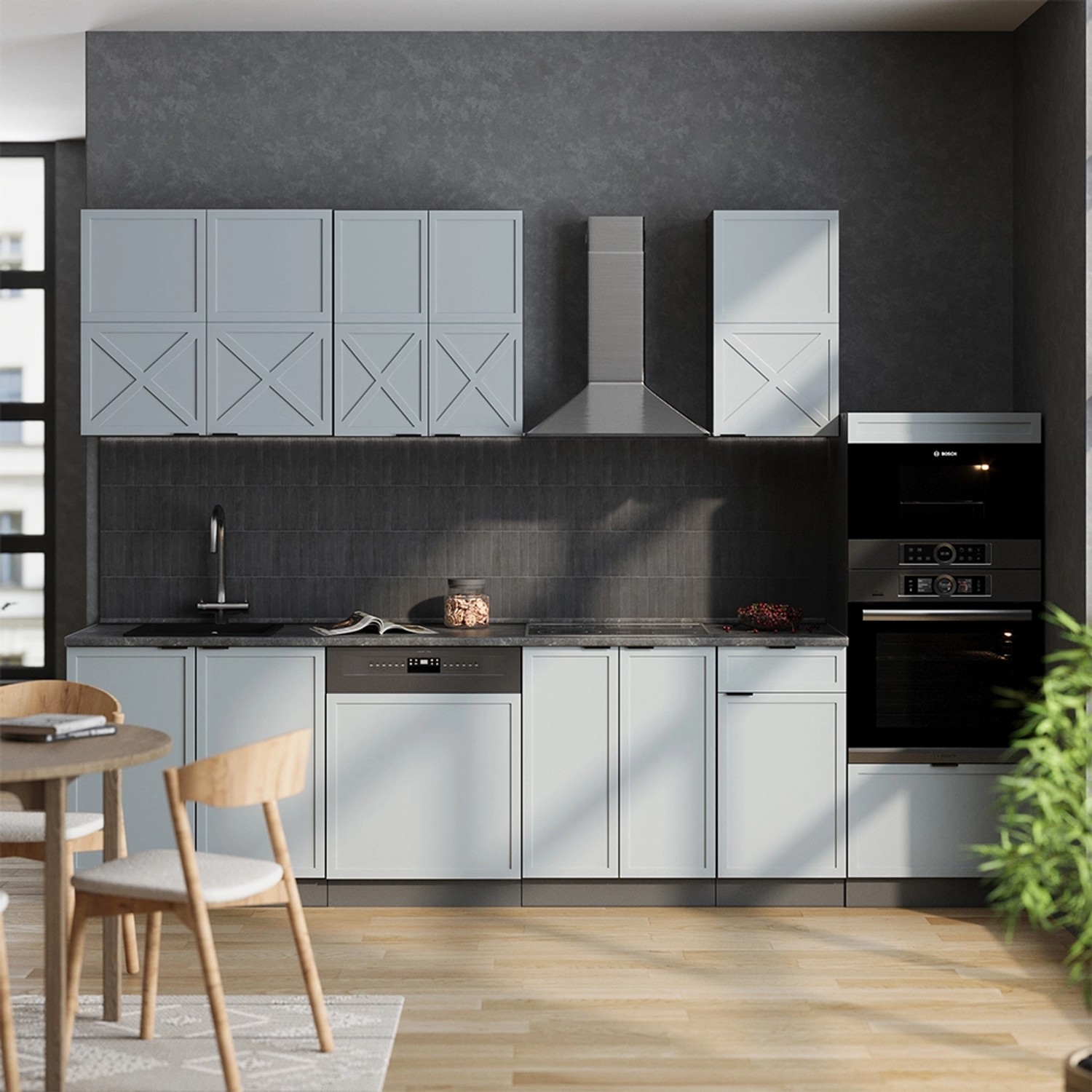 Vicco Fame-Line Küchenzeile in Hellblau-Grau/Anthrazit mit Hochschrank und Marmor Arbeitsplatte.