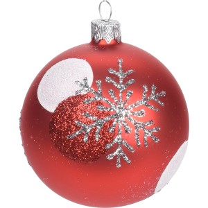 Weihnachtskugel, Ø 6cm, rot-silber, mit Schneeflocke und Punkten, Weihnachtsbaumschmuck.