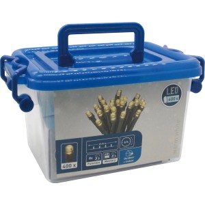 LED Lichterkette kaltweiß, 400 LEDs, in Kunststoffbox mit blauem Deckel und Tragegriff.