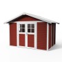 Rotes Grosfillex Kunststoff-Gartenhaus Deco H 7.5 mit Doppeltür und weißen Akzenten.