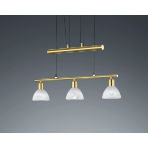 Trio LED-Pendelleuchte Levisto, Messing matt, mit 3 alabasterfarbenen Glasschirmen.