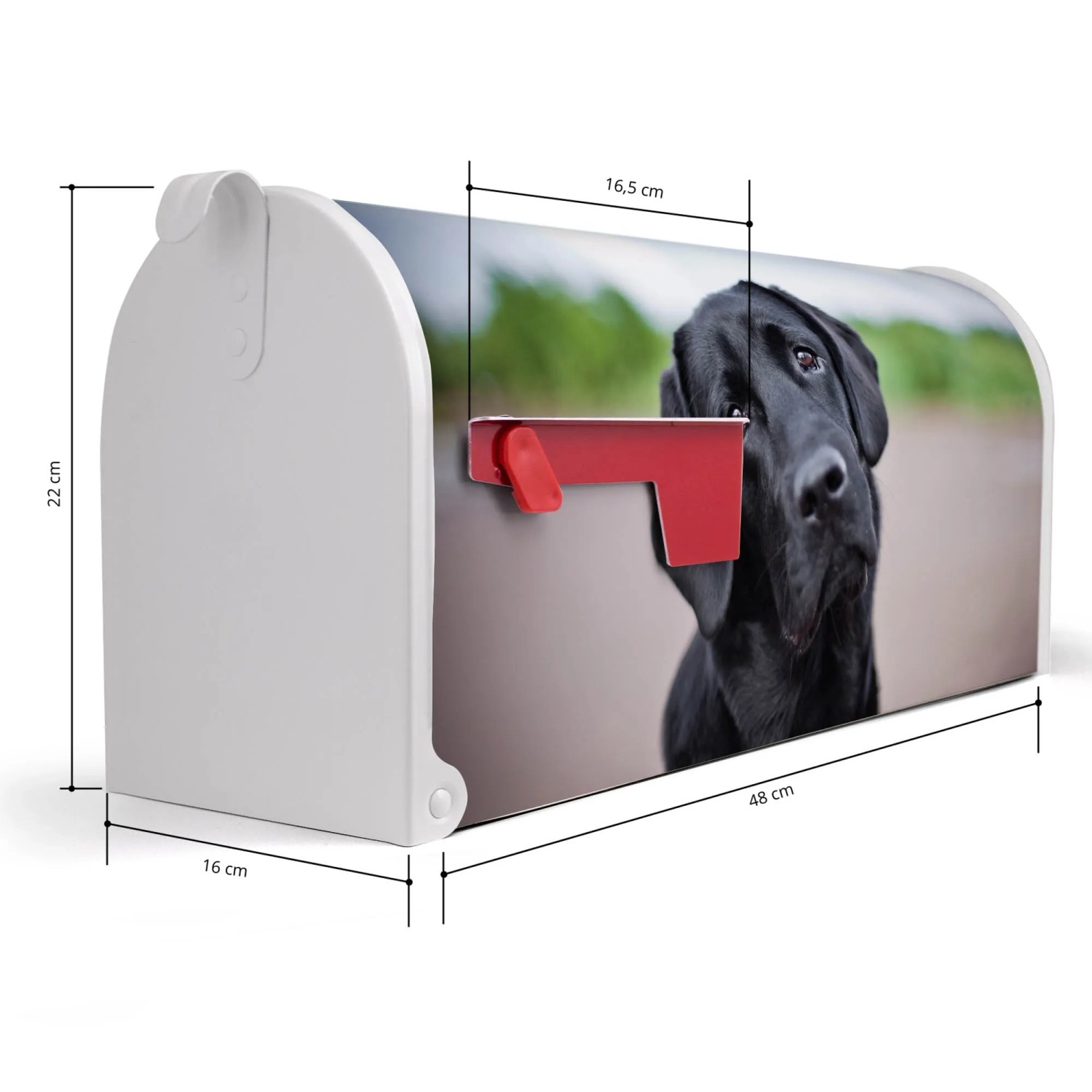 Weißer US Briefkasten mit Hund Motiv Paolo, 48x22x16cm, Stahl pulverbeschichtet.