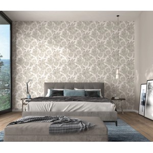 Schlafzimmer mit Erismann Vliestapete Spotlight Bliss Taupe, Blättermotiv.