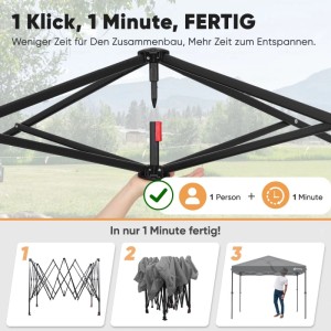 Sekey Pop Up Pavillon 3x3 Grau: Schneller Aufbau in 1 Minute mit One Touch System. Zeigt Rahmen, Dach und fertigen Pavillon.