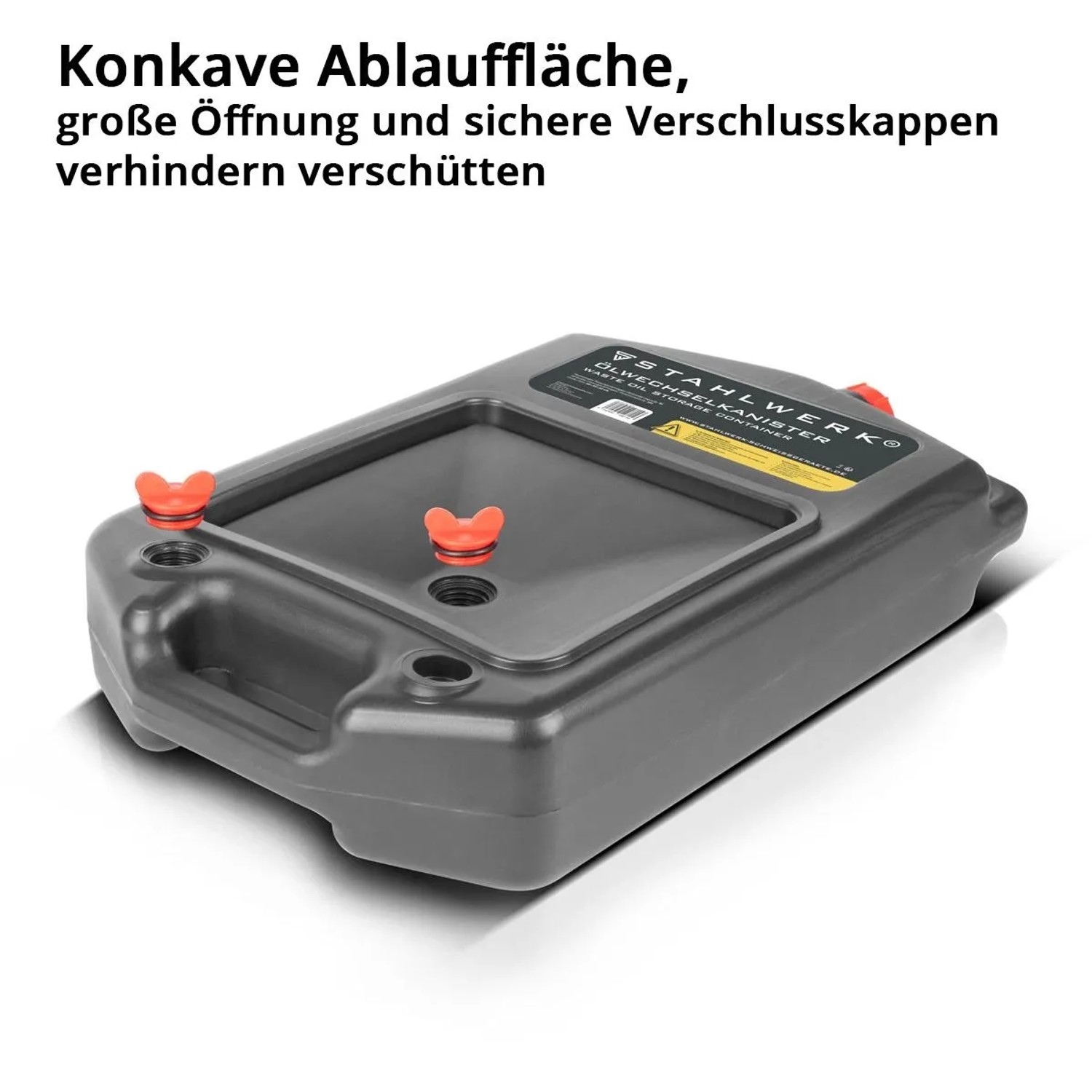 STAHLWERK Ölwechselkanister 10 L, graue Ölauffangwanne mit konkaver Fläche und sicheren orangefarbenen Kappen.