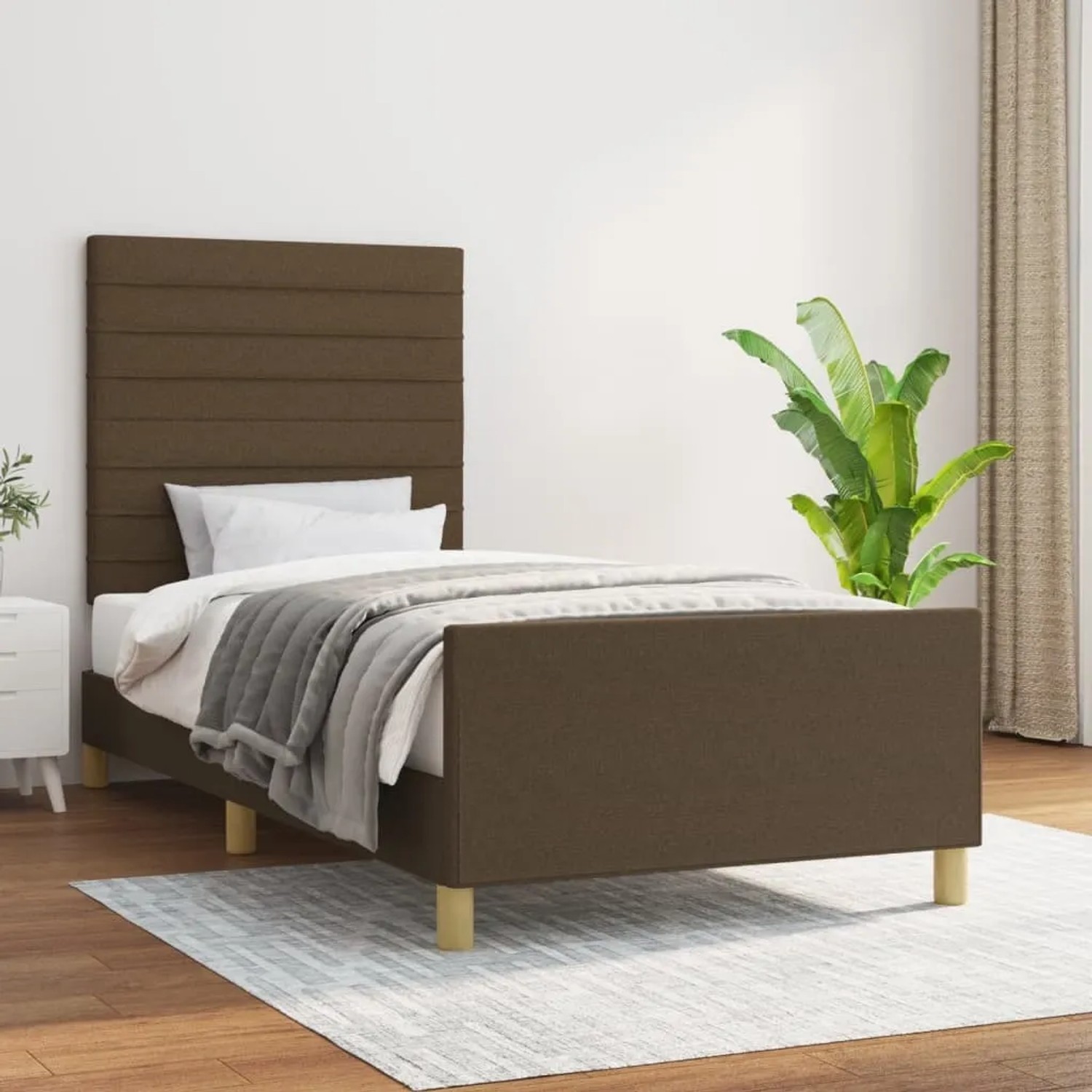 Dunkelbraunes Stoff-Bettgestell (90x200 cm) mit Kopfteil für Schlafzimmer.