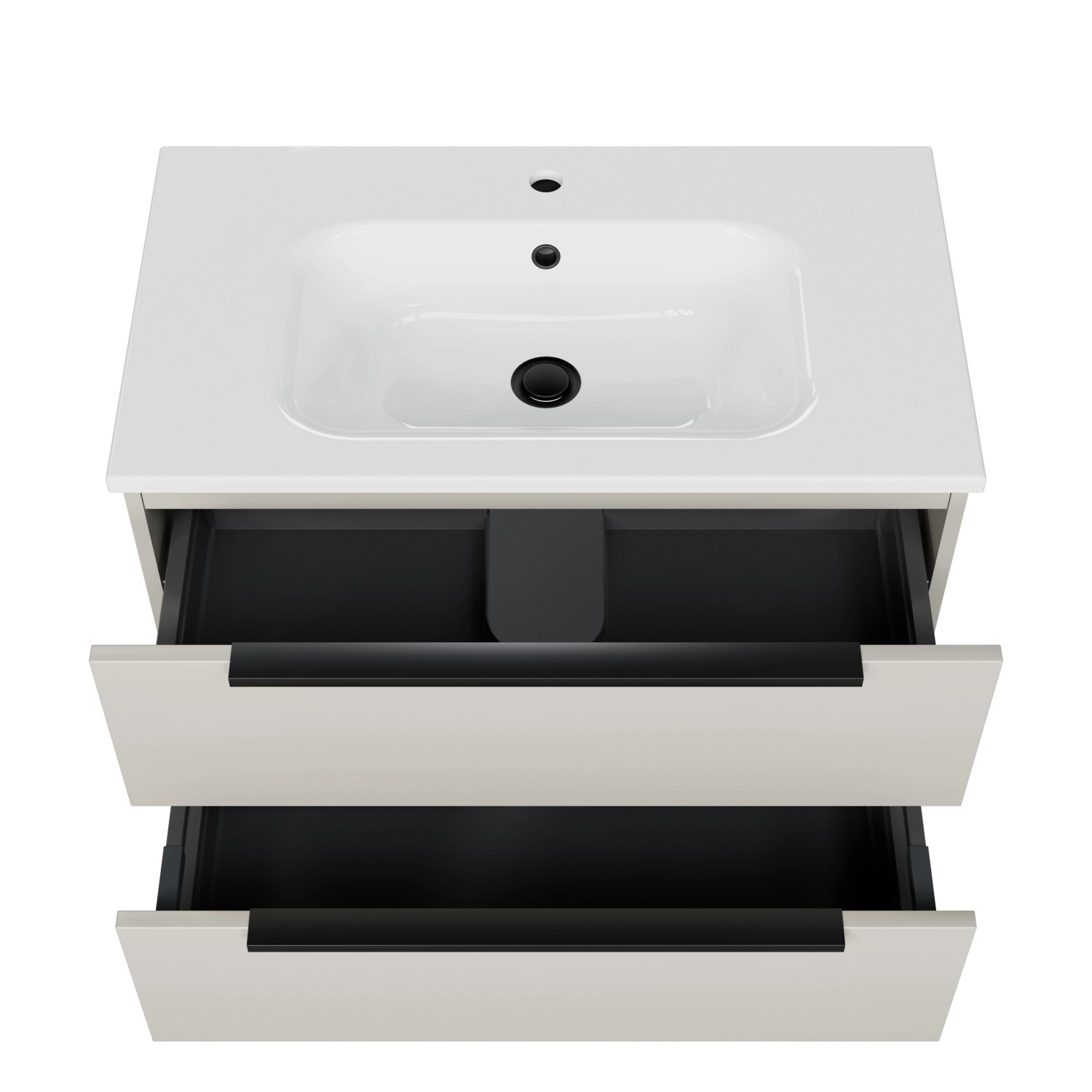 Pelipal Badmöbel-Set Quantum in Kaschmir Matt mit zwei Auszügen und weißem Mineralmarmor-Waschtisch.